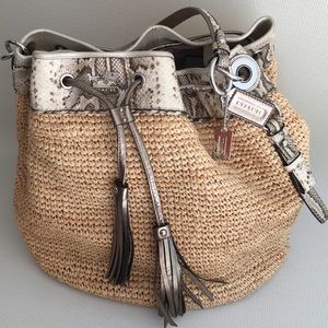 Coach Woven Raffia & Leather Drawstring Tote